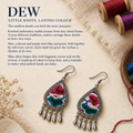 Prismatic Reverie earrings beside colorful thread spools, woven cloth and dried flowers in the Little knots, lasting colour story panel.