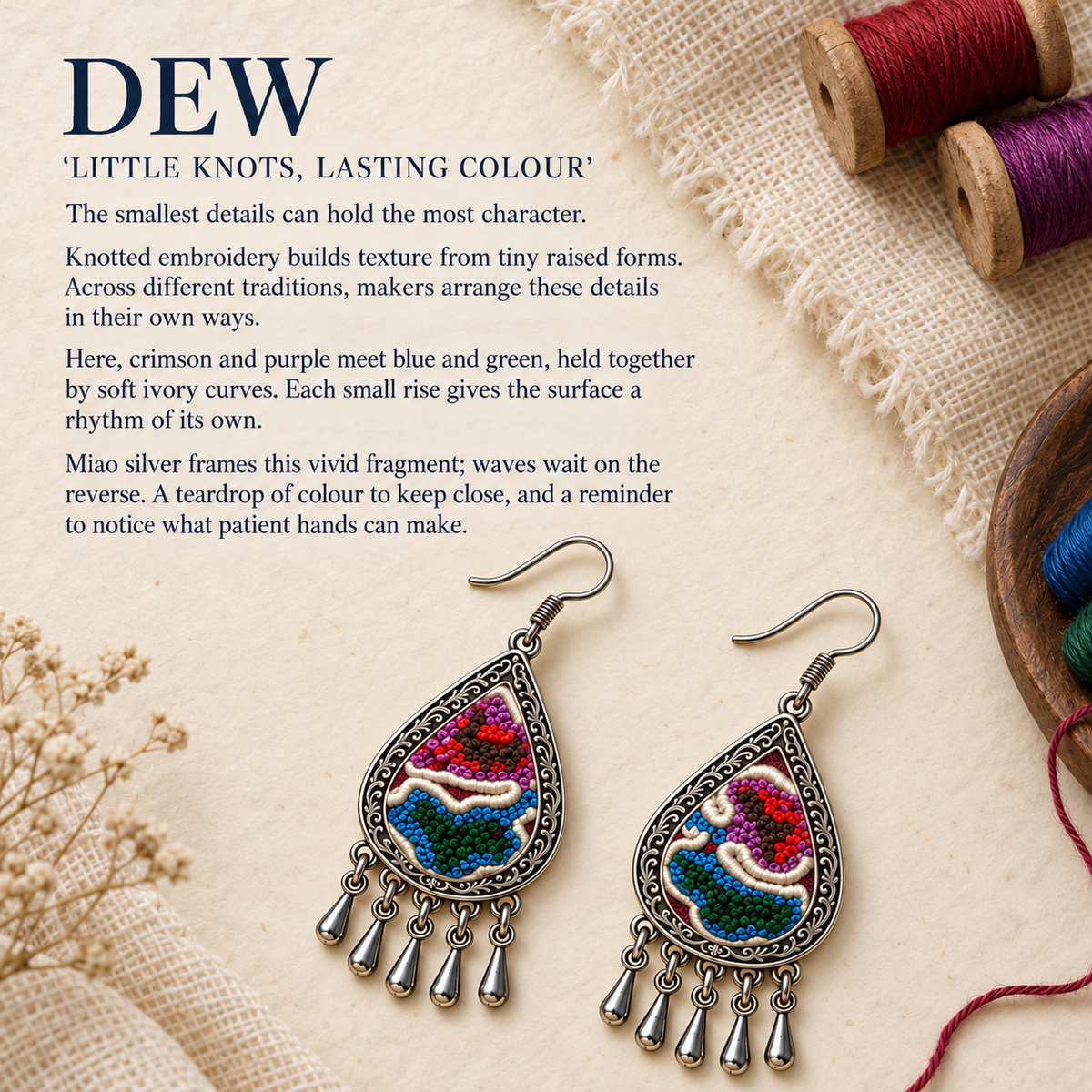 Prismatic Reverie earrings beside colorful thread spools, woven cloth and dried flowers in the Little knots, lasting colour story panel.