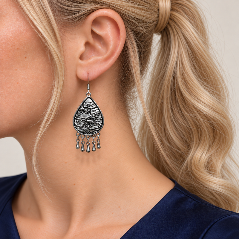 Close-up of a Violet Arabesque earring worn with its sculpted wave-relief reverse facing outward.