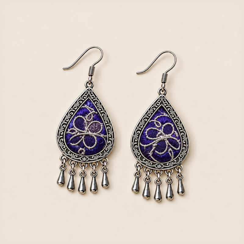 Violet Arabesque earrings lying face up, showing differing silver-white stitched curves across the purple pair.