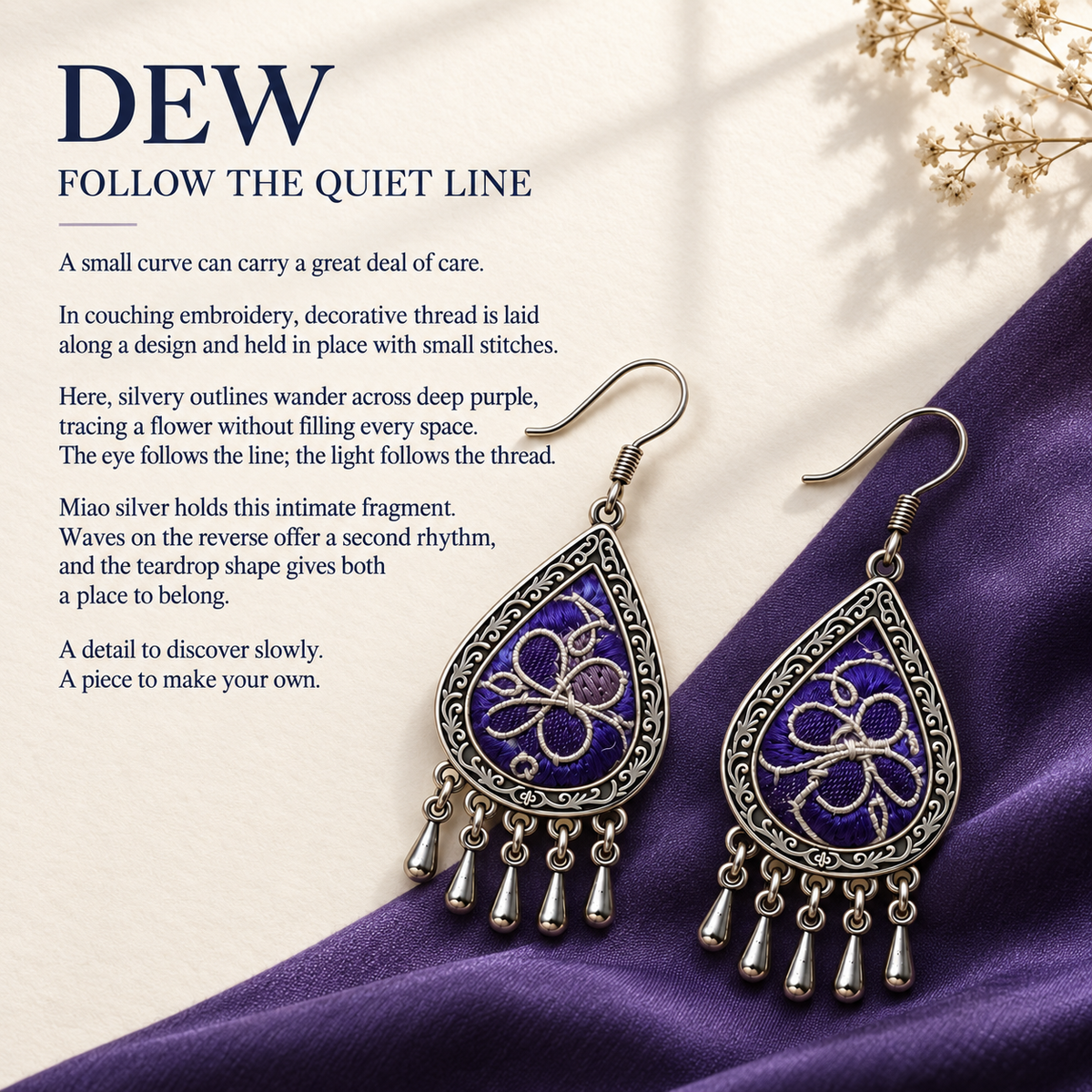 Violet Arabesque earrings on purple cloth beside cream paper and dried flowers in the Follow the quiet line story panel.