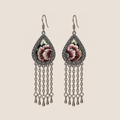Burgundy Nocturne Suzhou embroidery earrings with burgundy and ivory flowers on black and five long chains with teardrop ends.