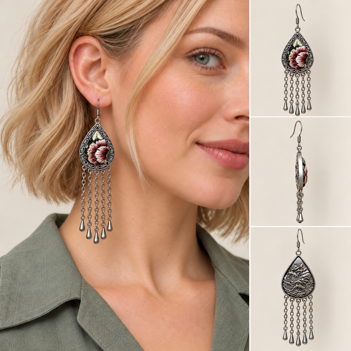 Model wearing a Burgundy Nocturne long tassel earring, beside front, side and wave-relief reverse views.