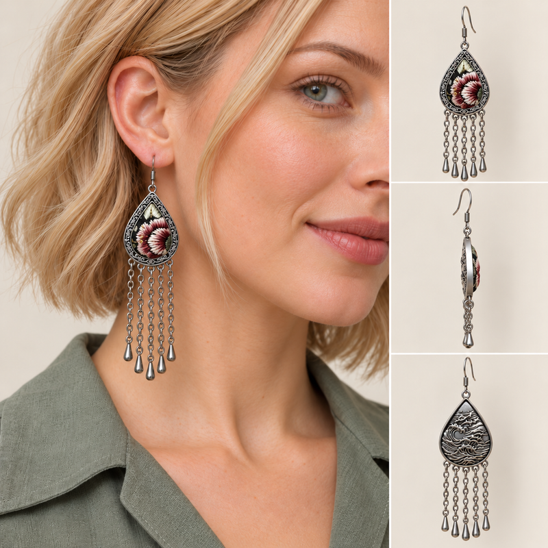 Model wearing a Burgundy Nocturne long tassel earring, beside front, side and wave-relief reverse views.