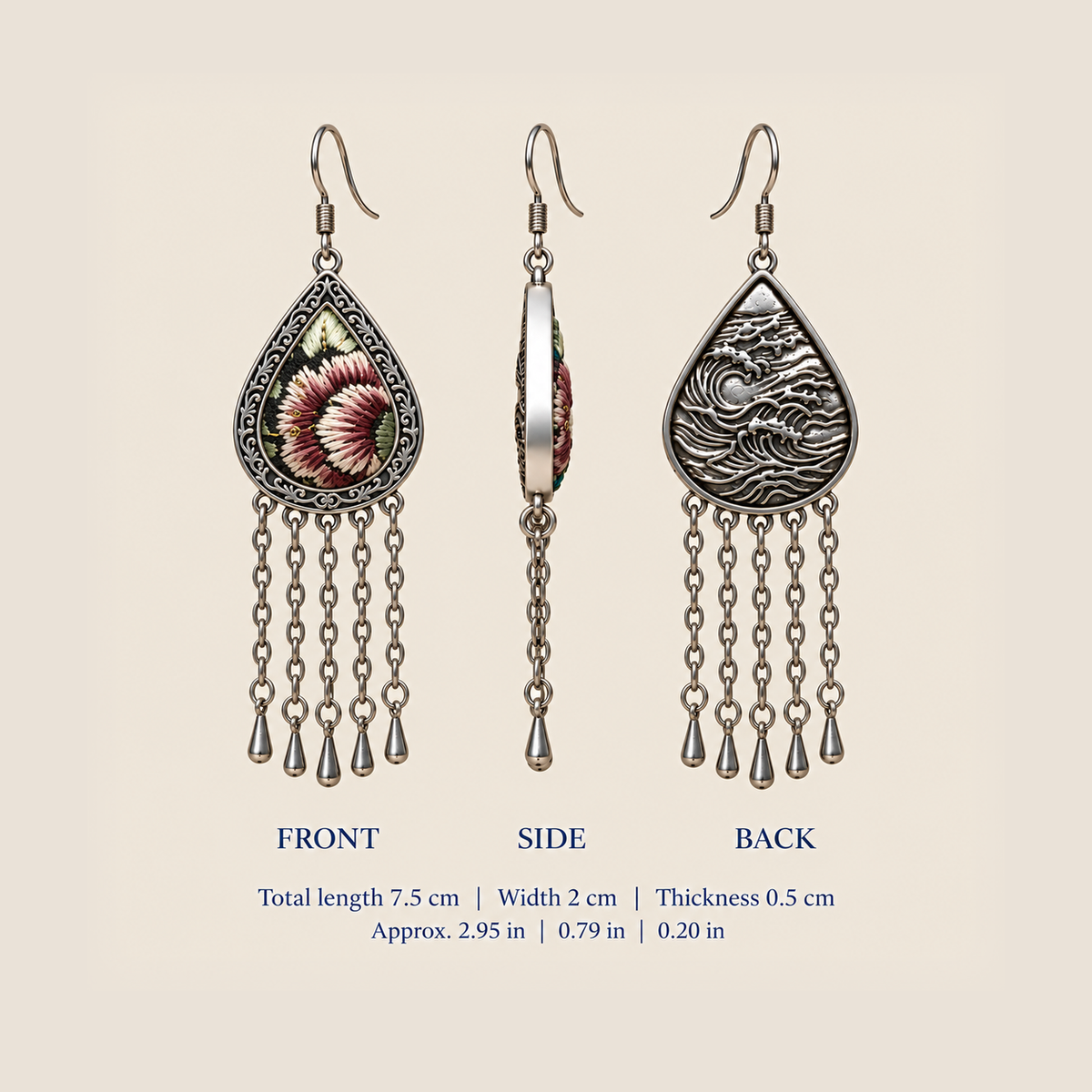 Burgundy Nocturne dimensions: 7.5 cm long including hook, 2 cm wide and 0.5 cm thick, with front, side and back views.