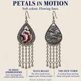 Petals in motion story panel showing Burgundy Nocturne Suzhou embroidery, wave-relief reverse and long chain tassels.