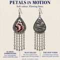 Petals in motion story panel showing Burgundy Nocturne Suzhou embroidery, wave-relief reverse and long chain tassels.