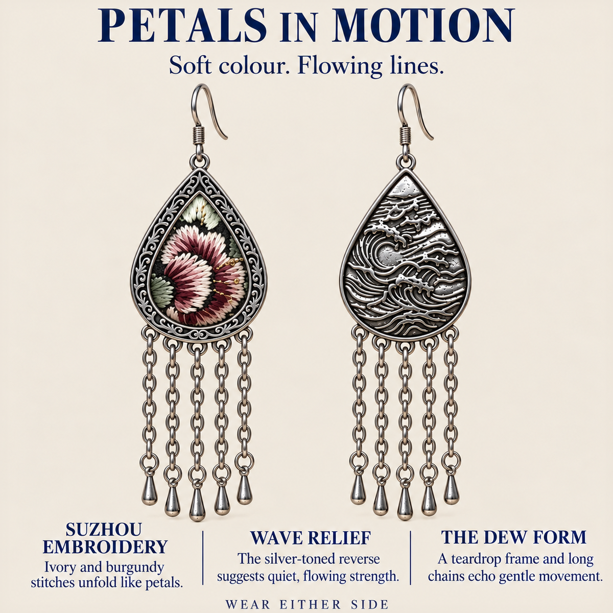 Petals in motion story panel showing Burgundy Nocturne Suzhou embroidery, wave-relief reverse and long chain tassels.