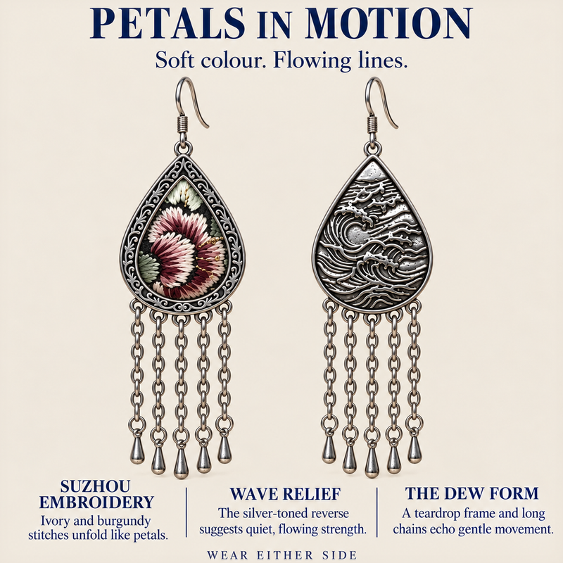 Petals in motion story panel showing Burgundy Nocturne Suzhou embroidery, wave-relief reverse and long chain tassels.
