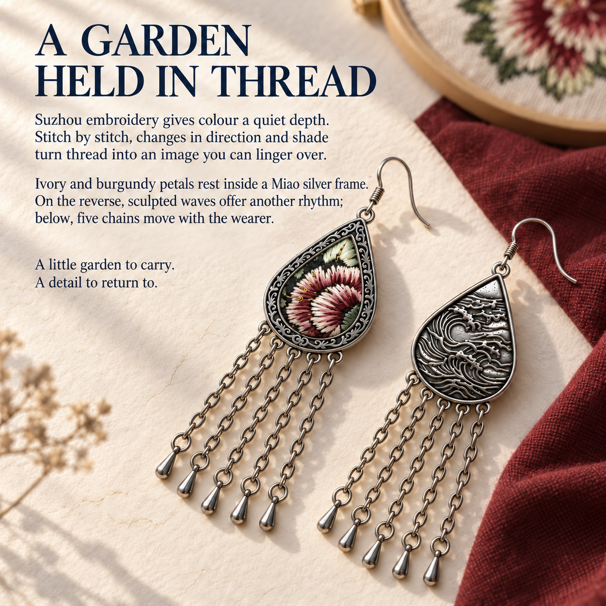 A garden held in thread story panel with Burgundy Nocturne front and reverse beside burgundy cloth and an embroidery hoop.