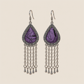 Amethyst Cadence counted-thread embroidery earrings with purple stitches, black geometric lines and five long chains with teardrop ends.