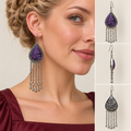 Model wearing an Amethyst Cadence long tassel earring, beside front, side and wave-relief reverse views.