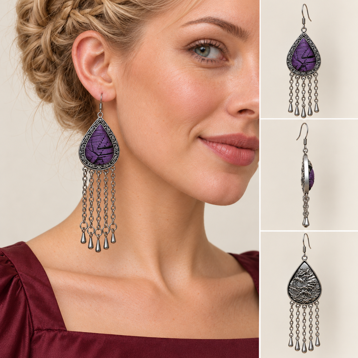 Model wearing an Amethyst Cadence long tassel earring, beside front, side and wave-relief reverse views.