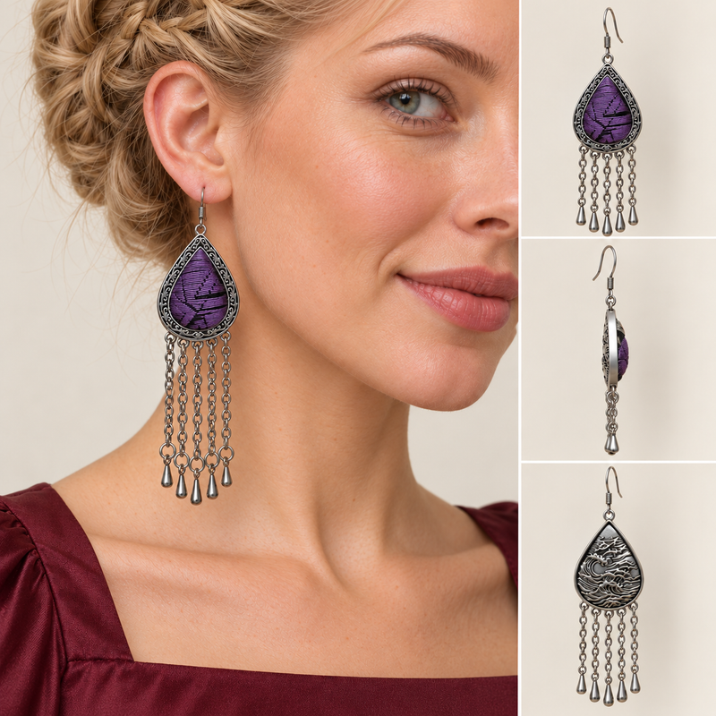Model wearing an Amethyst Cadence long tassel earring, beside front, side and wave-relief reverse views.