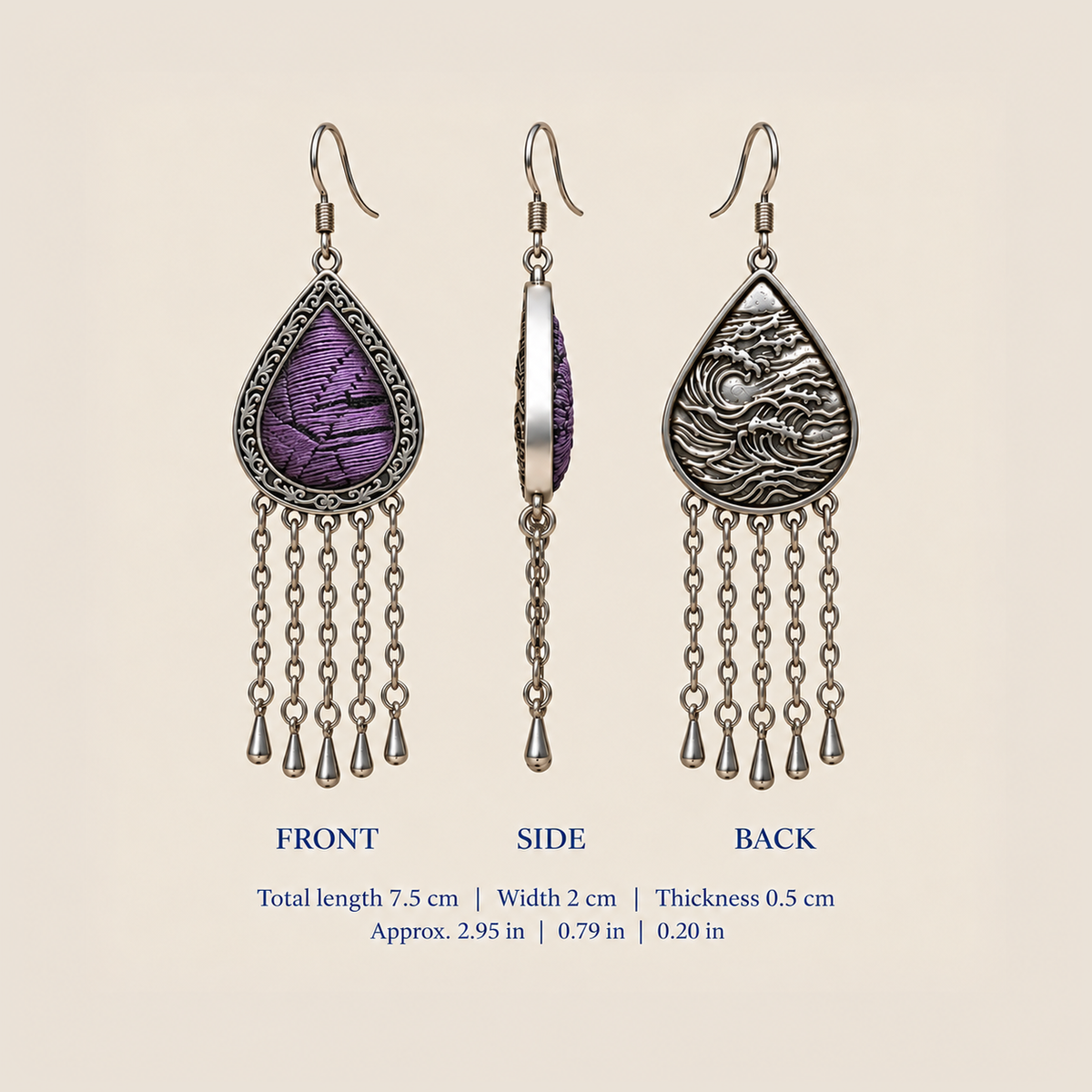 Amethyst Cadence dimensions: 7.5 cm long including hook, 2 cm wide and 0.5 cm thick, with front, side and back views.