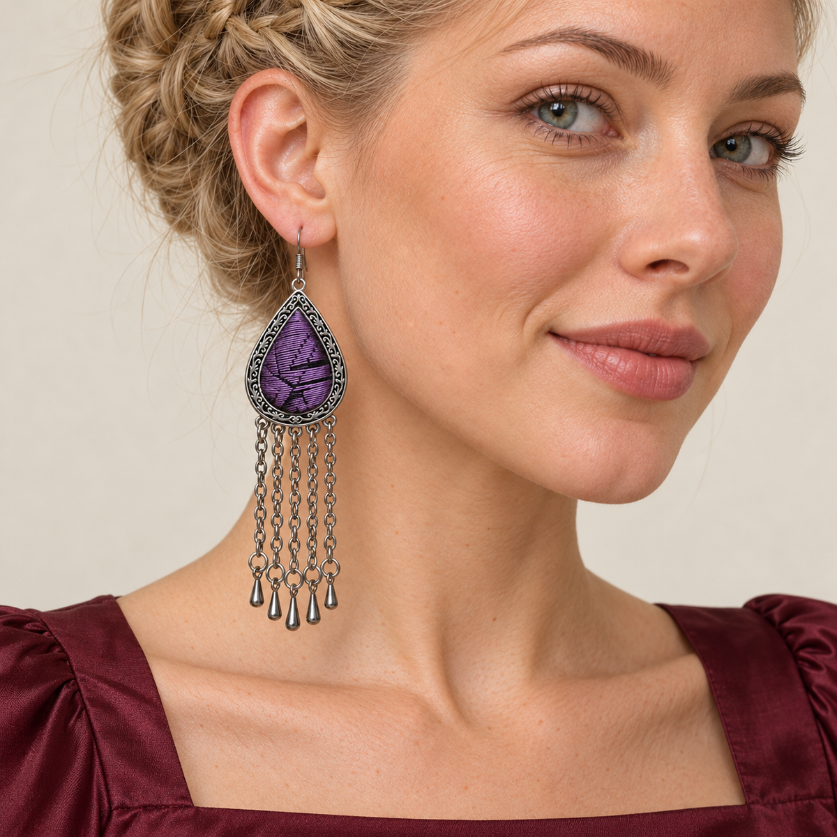 Model wearing an Amethyst Cadence earring with purple geometric embroidery above five long chains with teardrop ends.