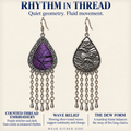 Rhythm in thread story panel showing Amethyst Cadence counted-thread embroidery, wave-relief reverse and long chain tassels.