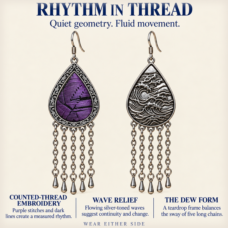 Rhythm in thread story panel showing Amethyst Cadence counted-thread embroidery, wave-relief reverse and long chain tassels.