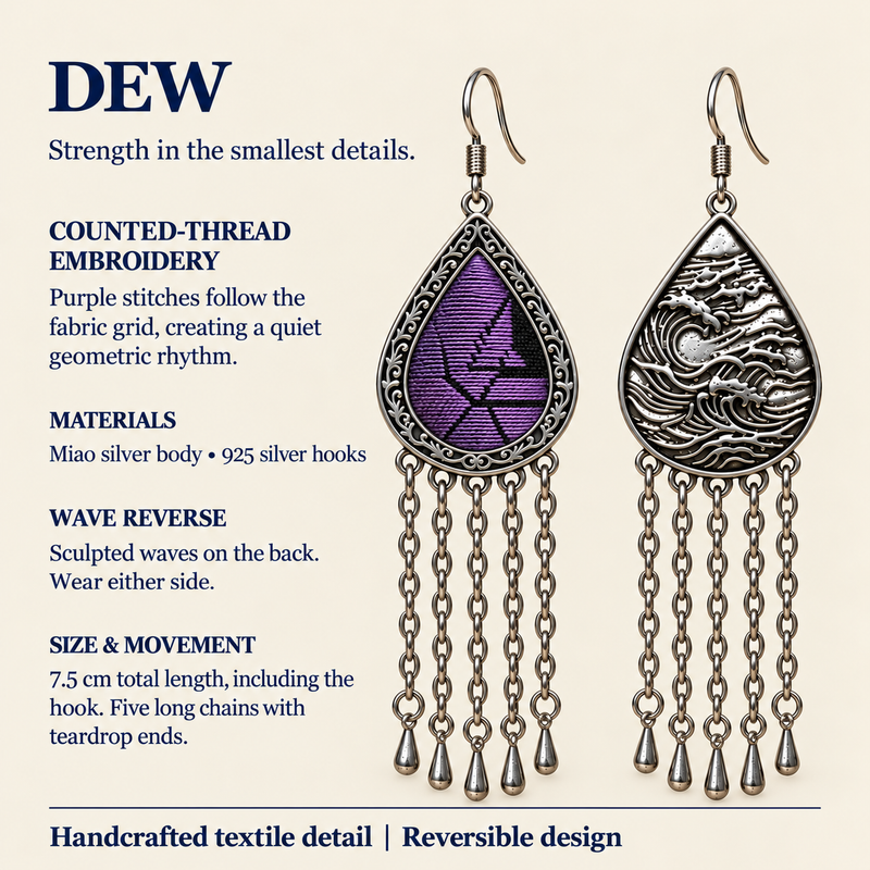 Amethyst Cadence detail panel: counted-thread embroidery, wave reverse, 925 silver hooks, 7.5 cm total length and five long chains.