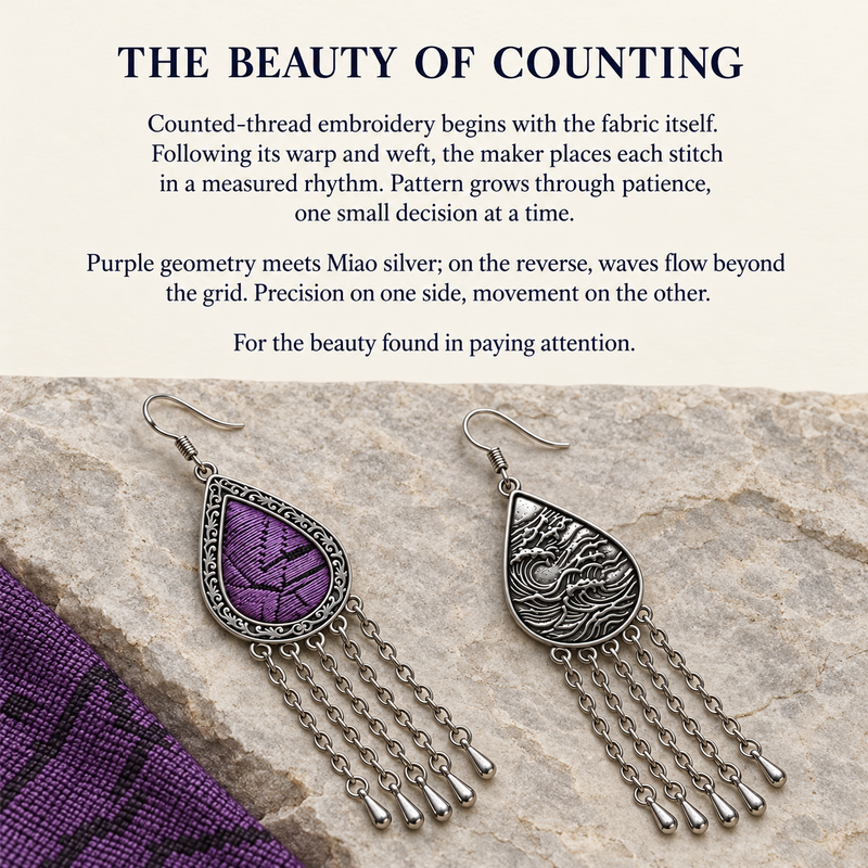 The beauty of counting story panel showing Amethyst Cadence front and reverse on a pale stone surface beside purple patterned cloth.
