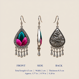 Fuchsia Tide earring dimensions: 4.5 cm long including hook, 2 cm wide and 0.5 cm thick, with front, side and back views.