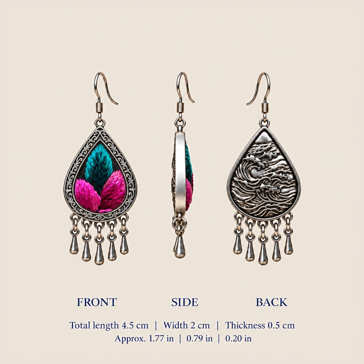 Fuchsia Tide earring dimensions: 4.5 cm long including hook, 2 cm wide and 0.5 cm thick, with front, side and back views.