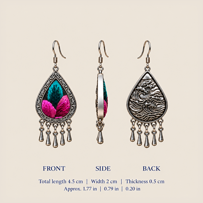 Fuchsia Tide earring dimensions: 4.5 cm long including hook, 2 cm wide and 0.5 cm thick, with front, side and back views.