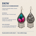Fuchsia Tide detail panel showing Songtao embroidery, wave-relief reverse, 925 silver ear hooks and five short drops.
