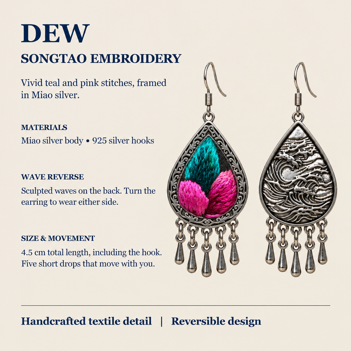 Fuchsia Tide detail panel showing Songtao embroidery, wave-relief reverse, 925 silver ear hooks and five short drops.