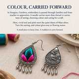 Colour, carried forward story panel with Fuchsia Tide front and reverse on woven cloth beside teal and pink thread spools.