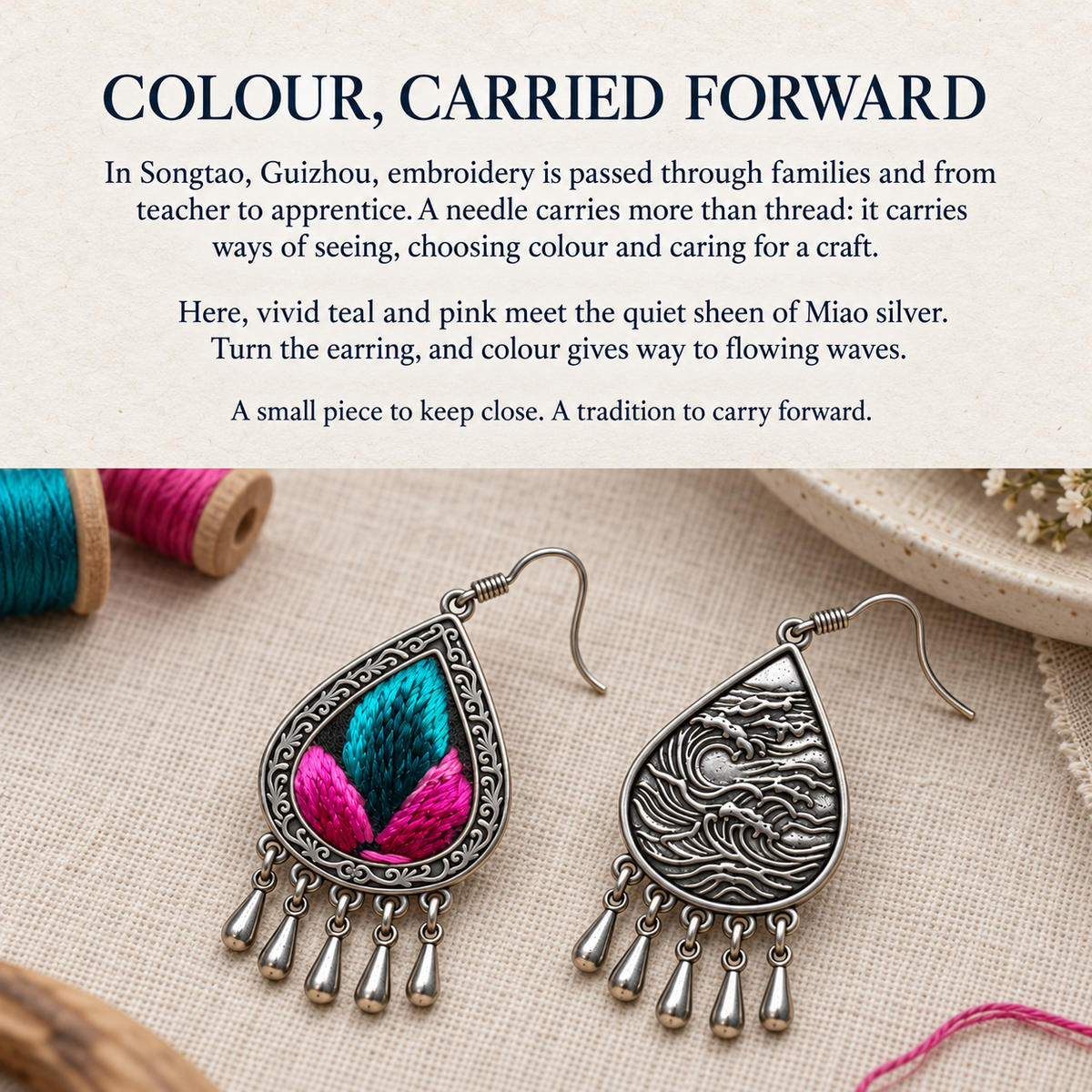 Colour, carried forward story panel with Fuchsia Tide front and reverse on woven cloth beside teal and pink thread spools.