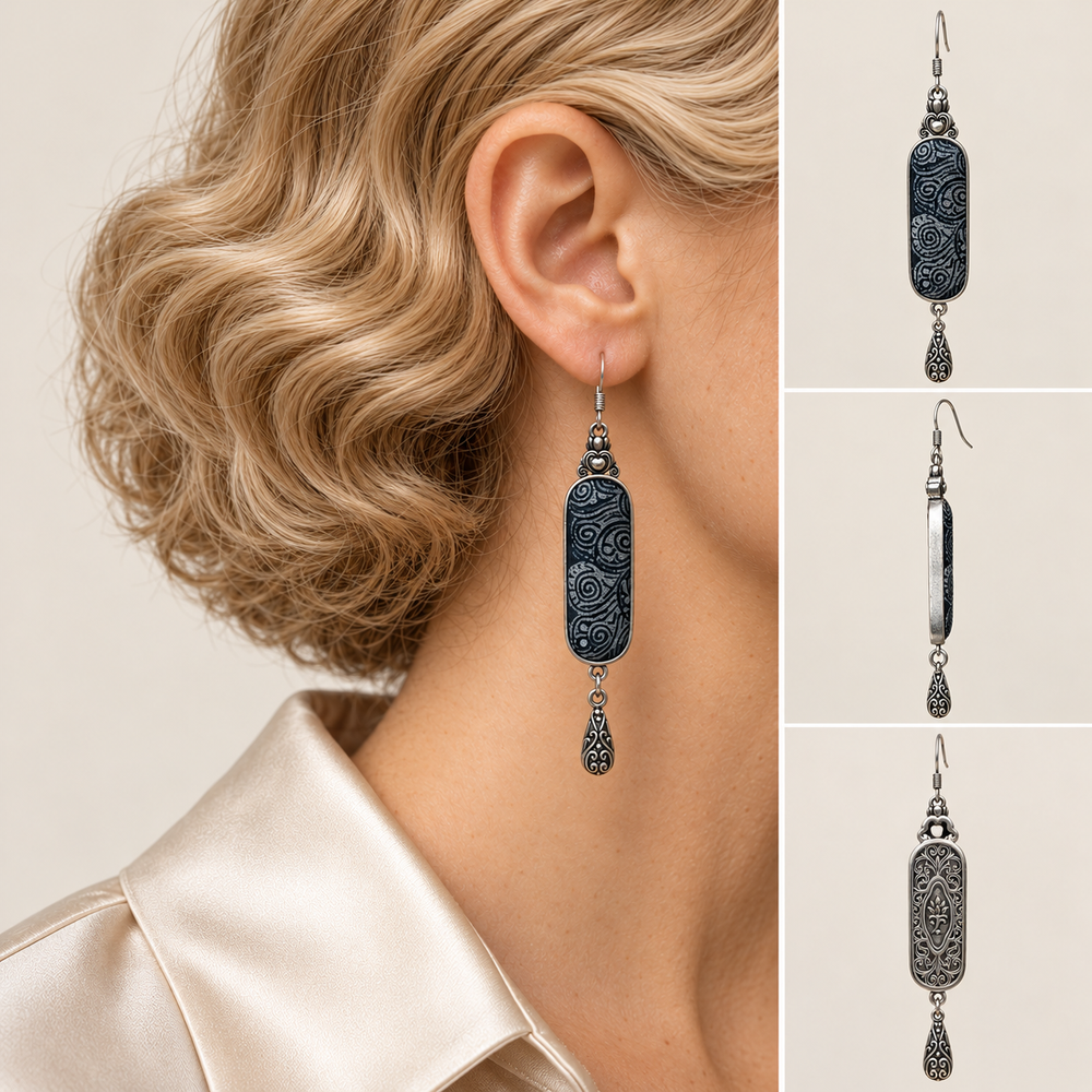 Model wearing an Indigo Stillness long drop earring, with front, side and back detail views alongside.
