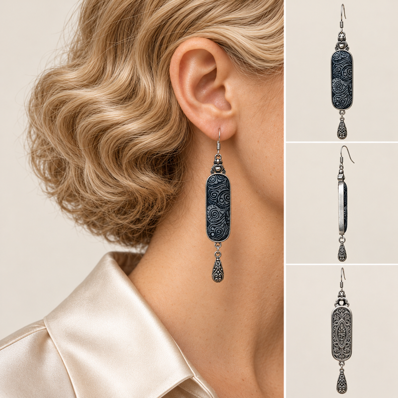 Model wearing an Indigo Stillness long drop earring, with front, side and back detail views alongside.