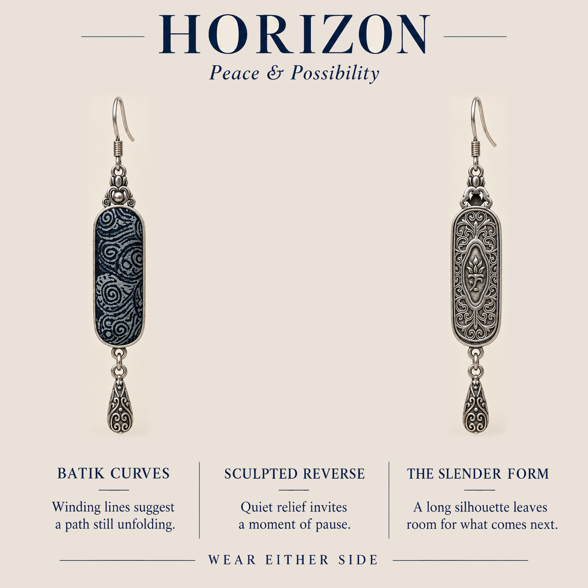HORIZON design card showing the batik front and sculpted reverse of Indigo Stillness earrings, with wear-either-side text.