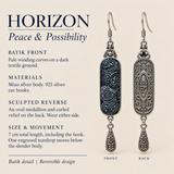 HORIZON detail card: batik front, scrollwork reverse, Miao silver body, 925 silver hooks and 7 cm length including hook.