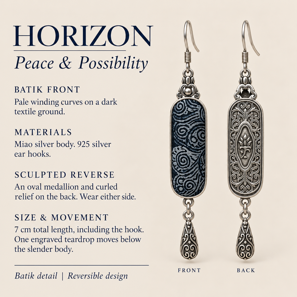 HORIZON detail card: batik front, scrollwork reverse, Miao silver body, 925 silver hooks and 7 cm length including hook.