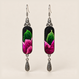 Verdant Blush Songtao Embroidery earrings with green and pink stitching on black panels and one engraved teardrop each.