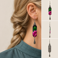 Model wearing a Verdant Blush embroidered long drop earring, alongside front, side and back product views.