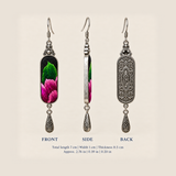 Verdant Blush earring front, side and back views: 7 cm long including hook, 1 cm wide and 0.5 cm thick.