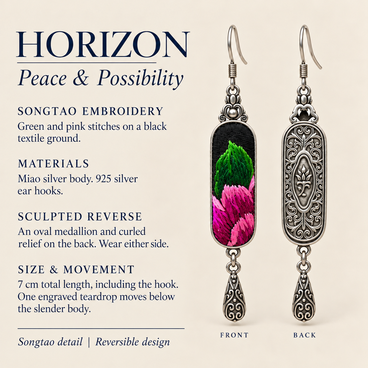 HORIZON detail card: Songtao Embroidery, sculpted reverse, Miao silver body, 925 silver hooks and 7 cm length including hook.