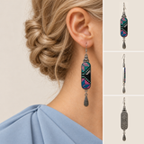 Model wearing a Pastel Cadence embroidered long drop earring, with front, side and back views alongside.