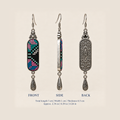Pastel Cadence earring front, side and back views: 7 cm long including hook, 1 cm wide and 0.5 cm thick.
