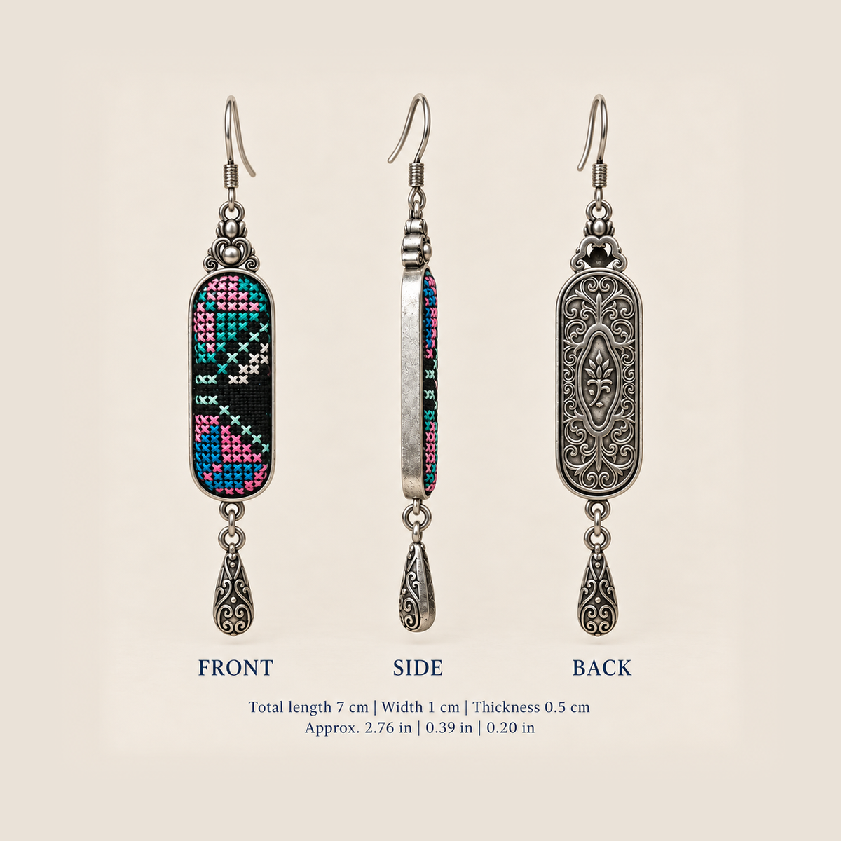 Pastel Cadence earring front, side and back views: 7 cm long including hook, 1 cm wide and 0.5 cm thick.