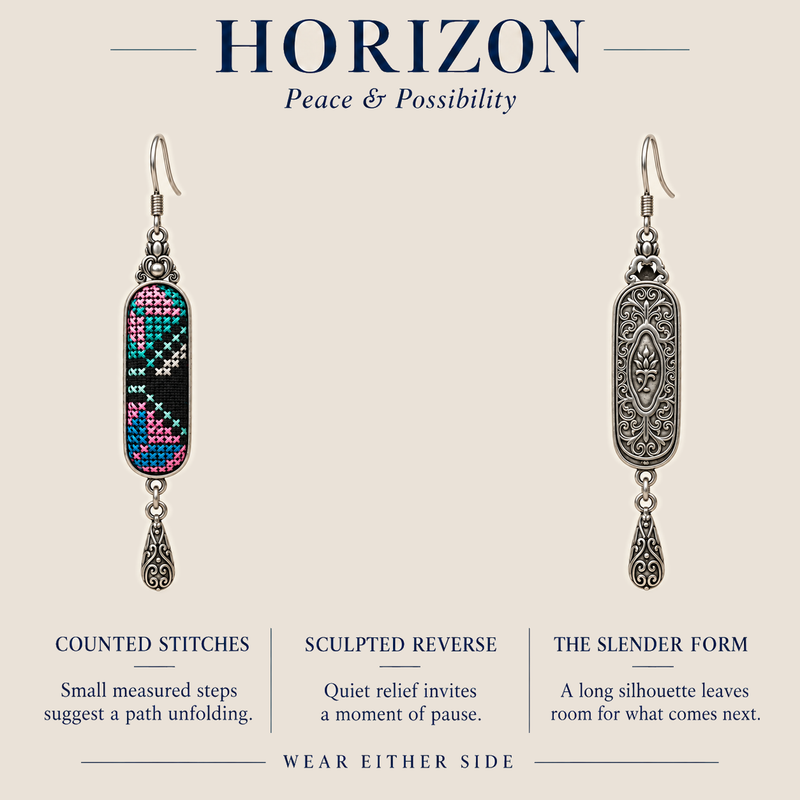 HORIZON design card showing the counted-thread front and sculpted reverse of Pastel Cadence, with wear-either-side text.