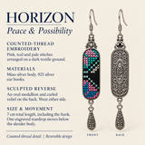 HORIZON detail card: counted-thread embroidery, sculpted reverse, Miao silver body, 925 silver hooks and 7 cm length including hook.