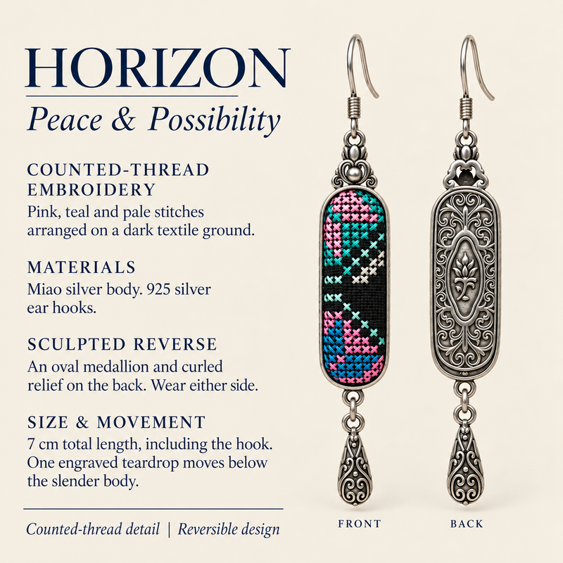 HORIZON detail card: counted-thread embroidery, sculpted reverse, Miao silver body, 925 silver hooks and 7 cm length including hook.