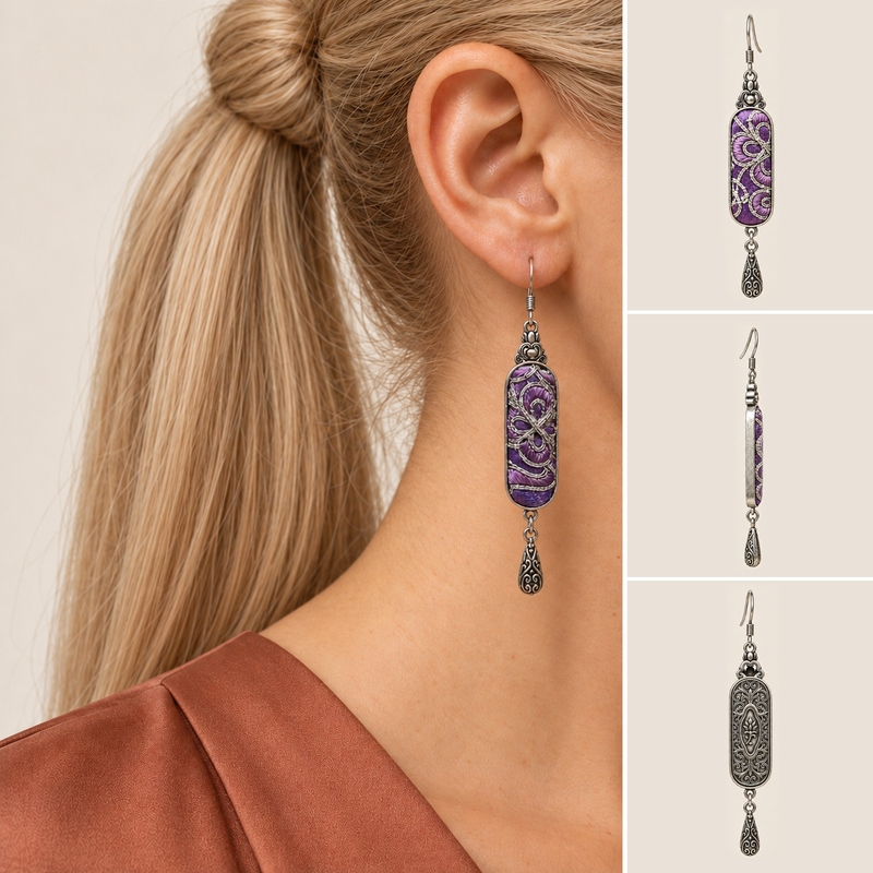 Model wearing a Violet Luminance long drop earring, alongside front, side and back product views.