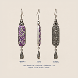 Violet Luminance earring front, side and back views: 7 cm long including hook, 1 cm wide and 0.5 cm thick.