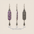 Violet Luminance earring front, side and back views: 7 cm long including hook, 1 cm wide and 0.5 cm thick.