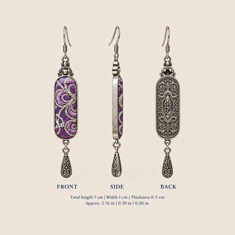 Violet Luminance earring front, side and back views: 7 cm long including hook, 1 cm wide and 0.5 cm thick.
